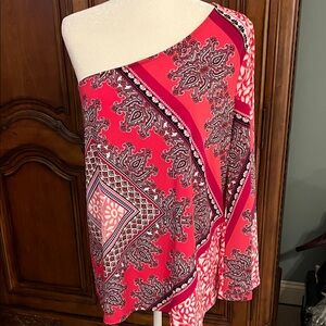 Chico's Pink and Black Paisley One-Shoulder Tunic with bell sleeves. Size 12 EUC